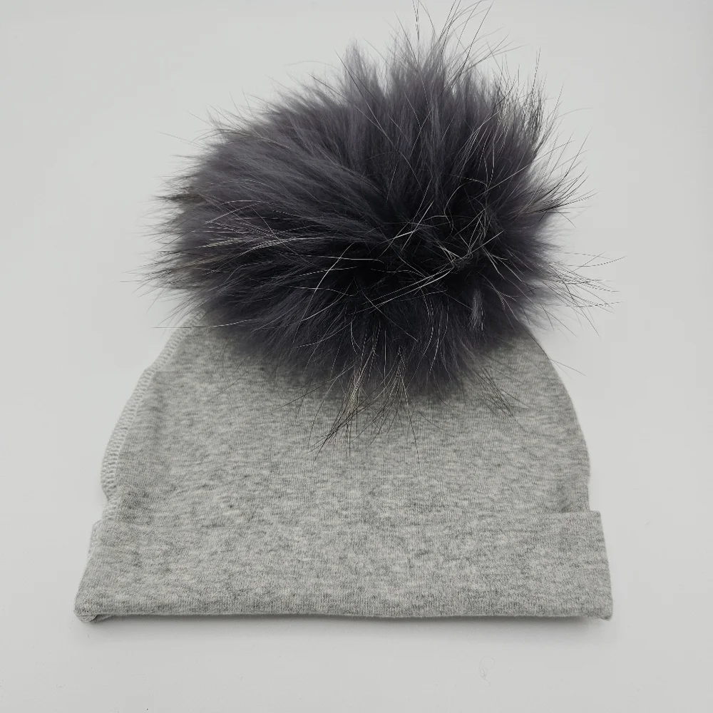 Socks & Bows gray baby beanie with dark gray removable pom pom